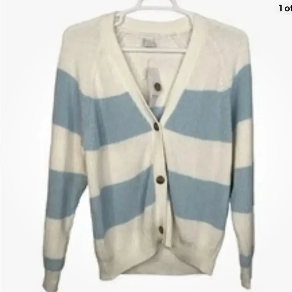 NWT SZ L Design History Rugby Cardigan in Spring Blue WIDE STRIPES